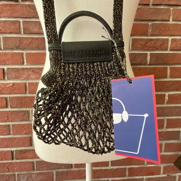Longchamp Le Pliage Filet XS Stretch Mesh Crossbody Black Gold Bag NWT - Picture 7 of 14